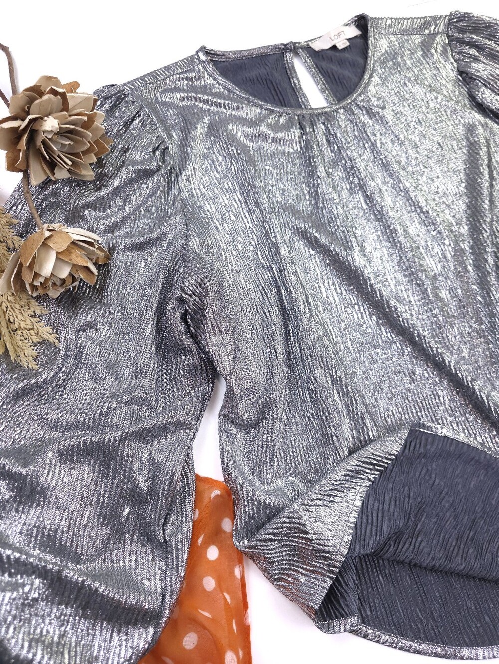 LOFT Silver Metallic Puff-Sleeve Blouse Sz M